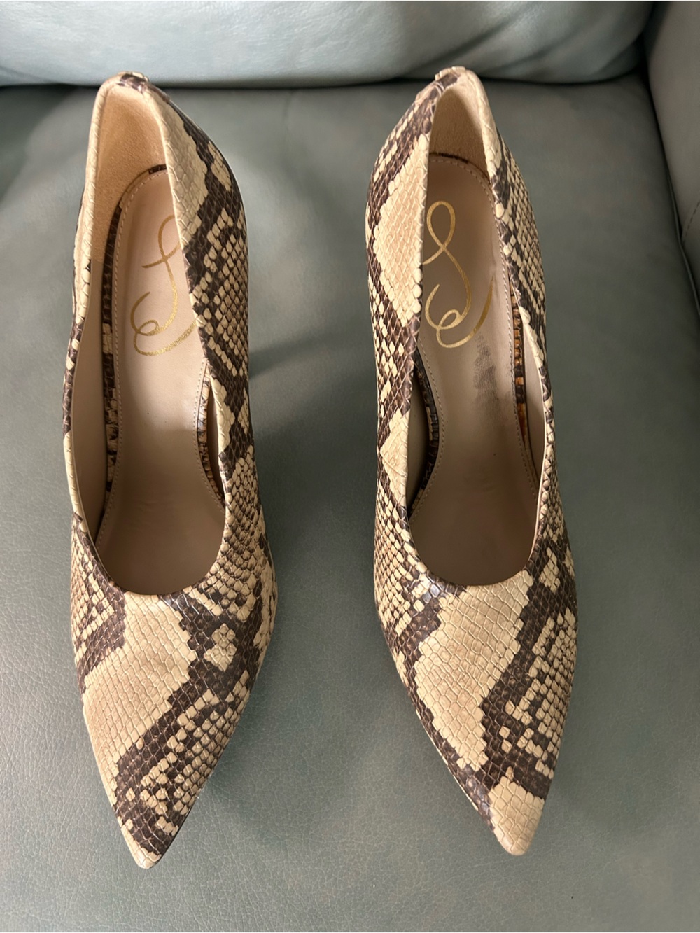 Sam Edelman Beige and Brown Snake-Print Pointed Toe Women's Pumps